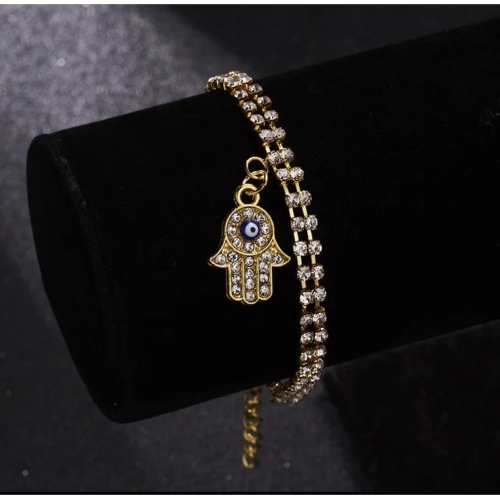 Gold Evil eye Hamsa hand Charm Bracelet Rhinestone Chain Jewelry For Protection